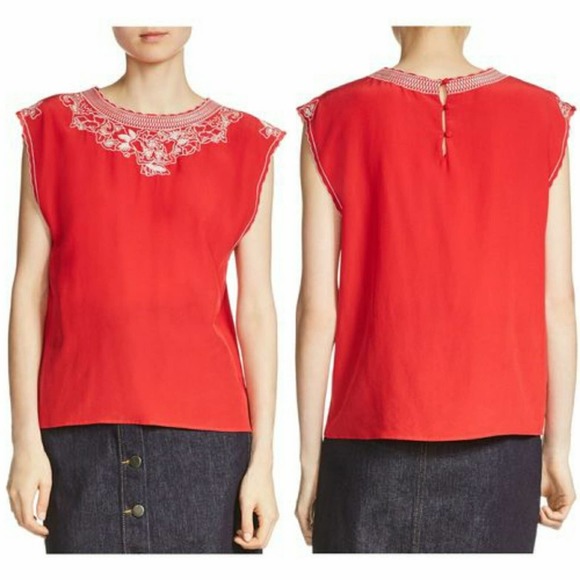 Maje London Embroidered Silk Top in Red Size S